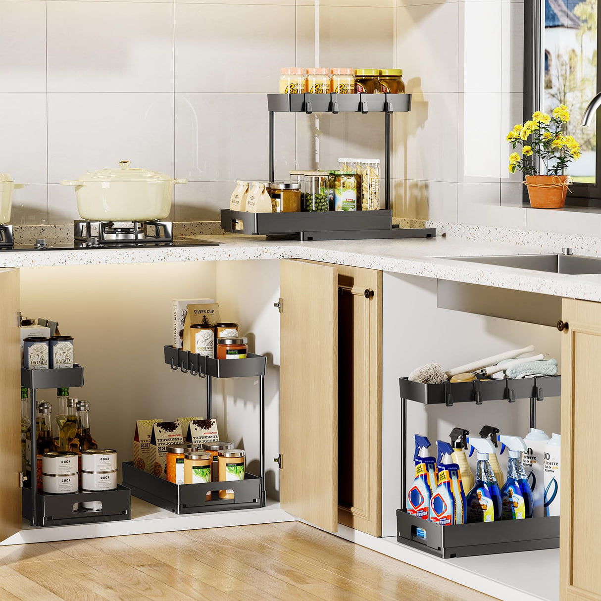 Delamu 2 Pack Under Sink Organizers and Storage, 2 Tier Pull Out Bathroom Cabinet Organizer, L-Shape Black Under Bathroom Kitchen Sink Organizer with Drawer for Under Sink Storage Organizer Delamu