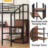 Full Size Loft Bed with Desk and Storage Wardrobe, Heavy Duty Loft Bed with Stairs and Metal Grid, Full Size Loft Bed for Kids, Girls, Boys, No Box Spring Needed (Black Wardrobe, Full) Bellemave