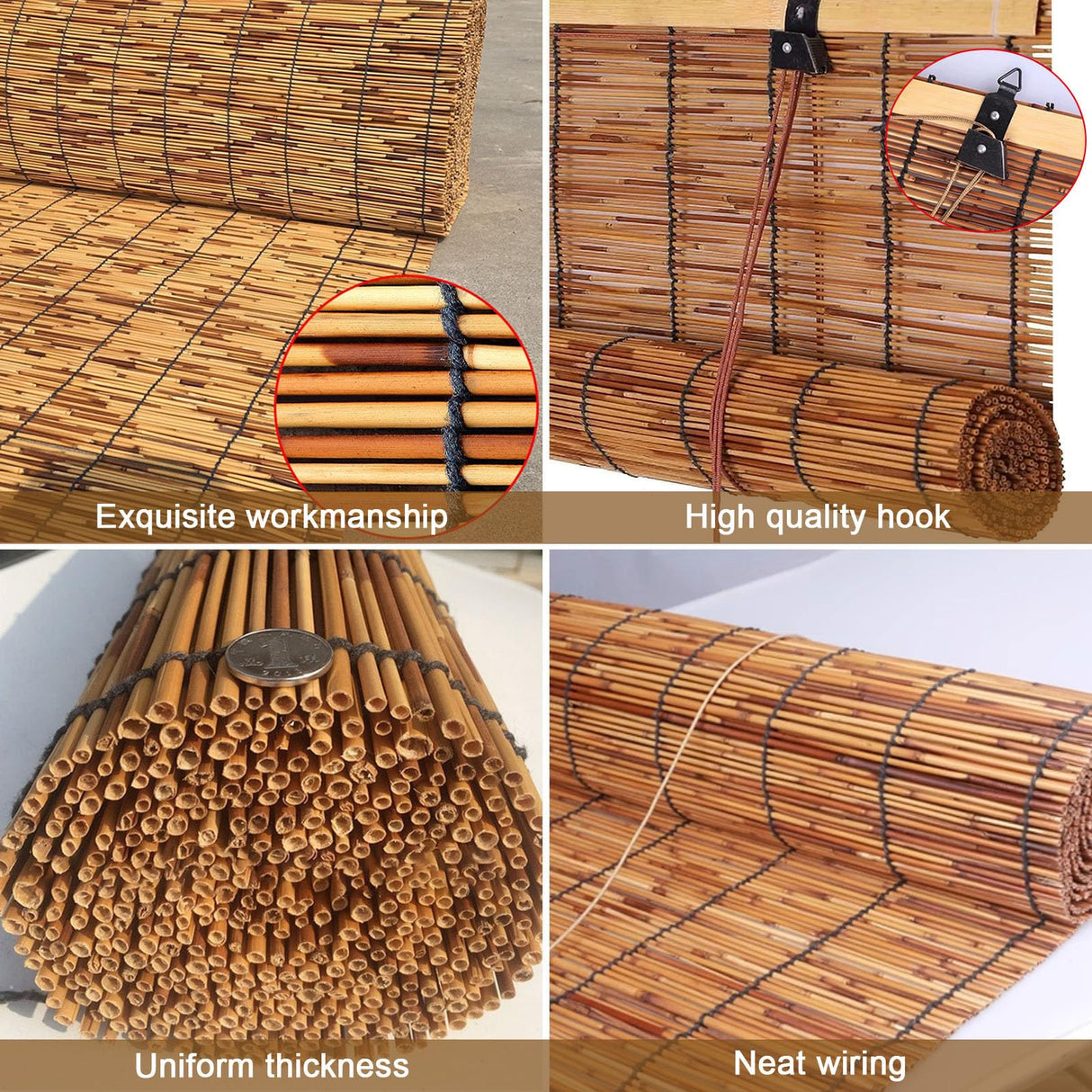 Reed Roller Blinds Bamboo Blinds Bamboo Shades Roman Blinds Outdoor Shades, Ventilation and Sun Protection, for Windows Porch Patio, Easy to Install and use-Carbonized Color ZAZRLW