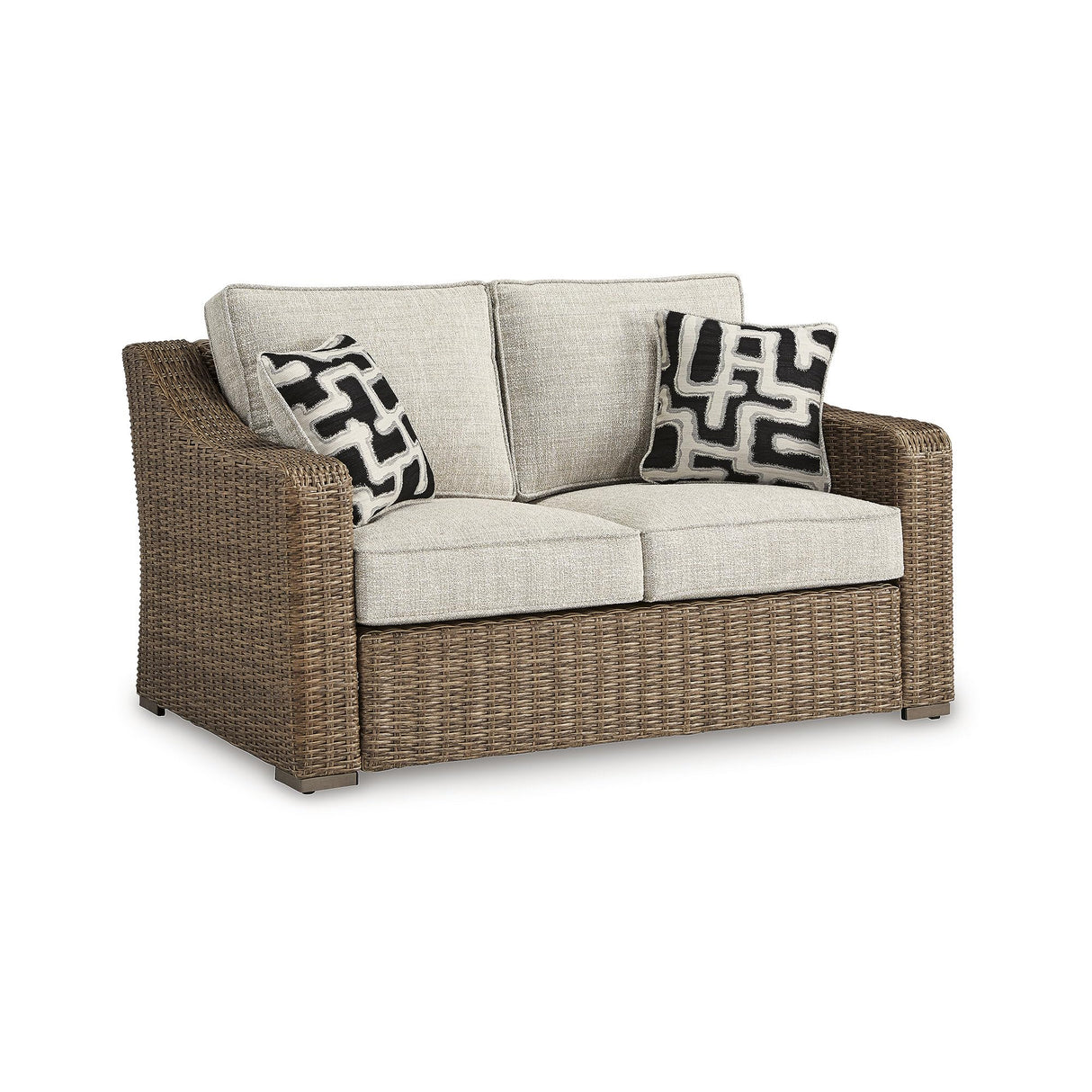 Signature Design by Ashley Beachcroft Casual Weather Resistant Resin Wicker Outdoor Loveseat with Cushion and 2 Accent Pillows, Dark Brown & Beige Signature Design by Ashley