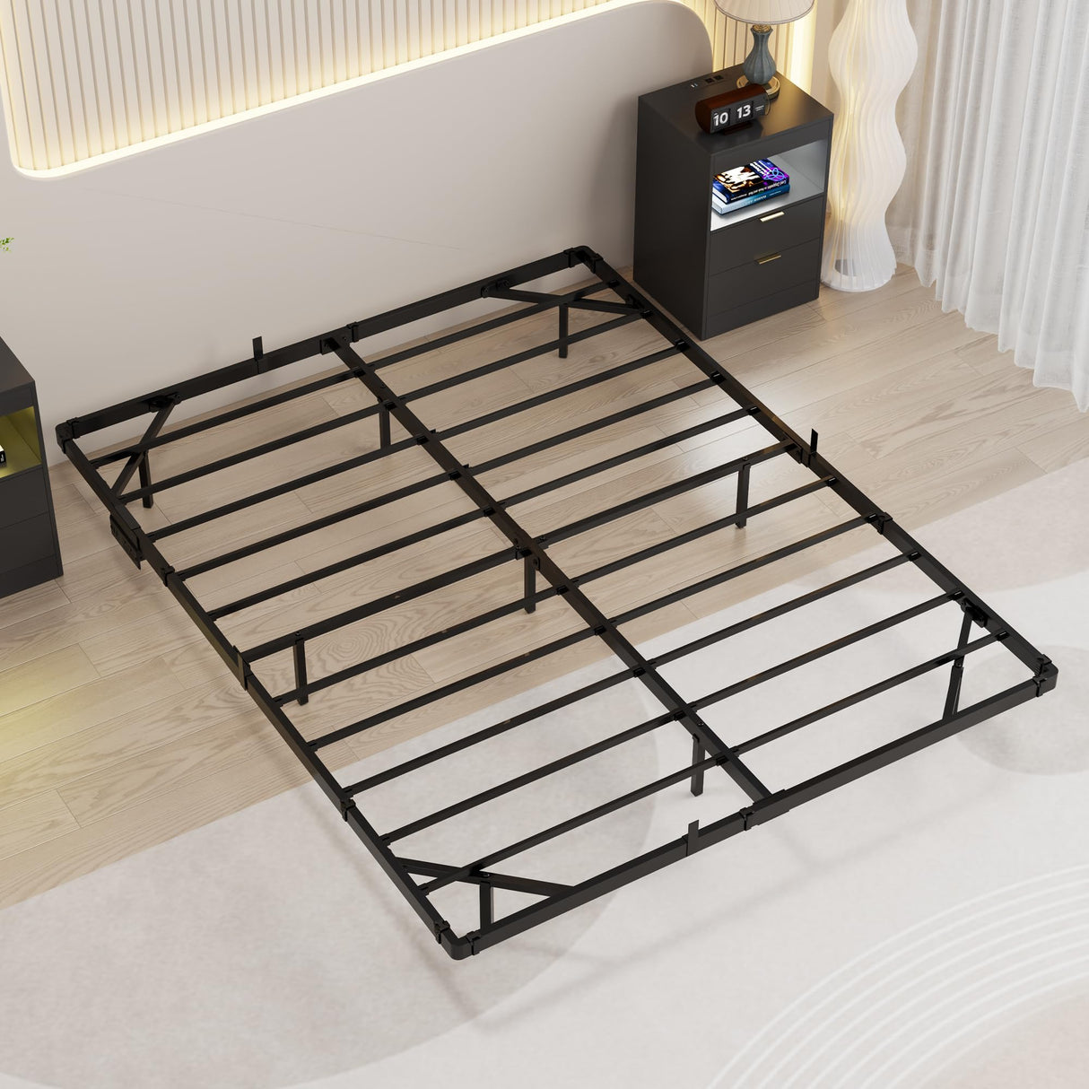 Gadroad LED Floating Queen Bed Frame with Charging Station and Metal Slats Support Gadroad