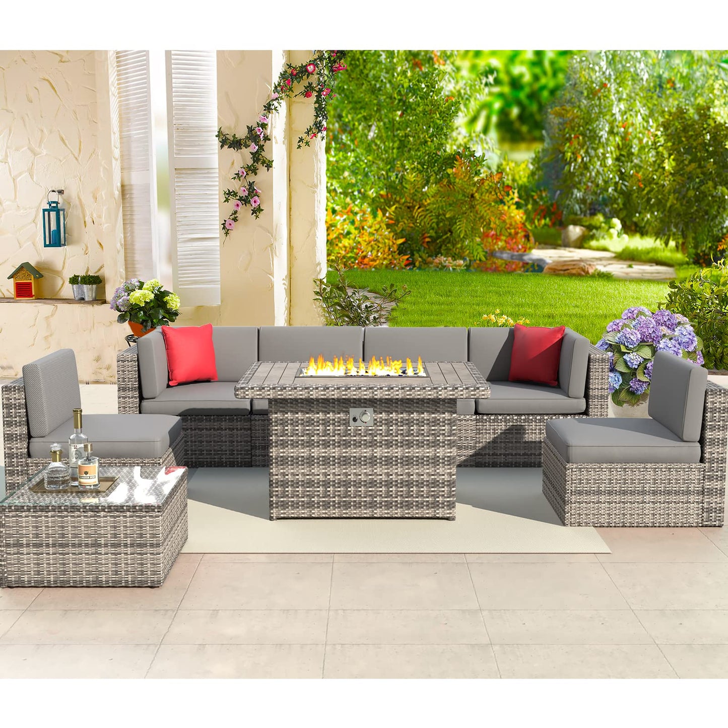 Aoxun 8-Piece Patio Furniture Set with 40” Fire Pit Table Wicker Rattan Conversation Set Outdoor Sectional Sofa with Removable Cushions and Coffee Table (Gray)