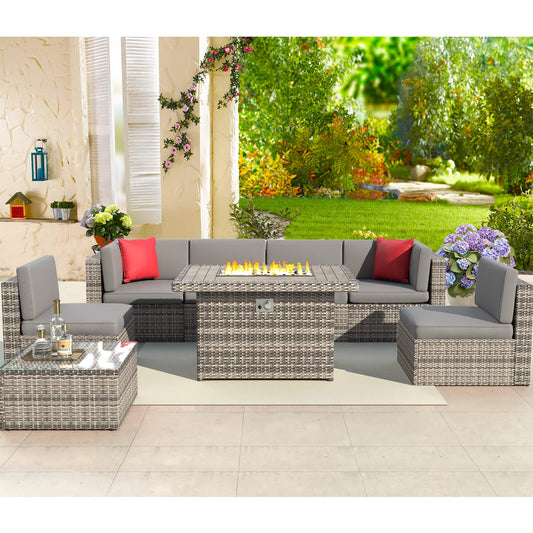 Aoxun 8-Piece Patio Furniture Set with 40” Fire Pit Table Wicker Rattan Conversation Set Outdoor Sectional Sofa with Removable Cushions and Coffee Table (Gray) - WoodArtSupply