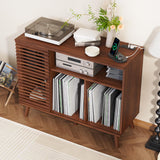 Furnify Record Player Stand with Charging Station, Mid-Century Turntable Stand with Slatted Doors, 40" W Record Player Table Holds Up to 350 Albums Vinyl Storage Display Shelf for Living Room, Walnut Furnify