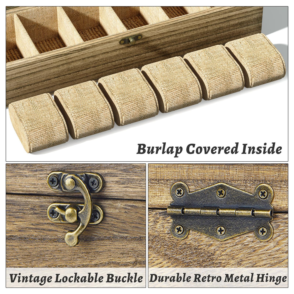 SRIWATANA Watch Box Case Organizer Display for Men Women, 6 Slot Wood Box with Glass Top, Gift for Loved Ones, Carbonized Black SRIWATANA