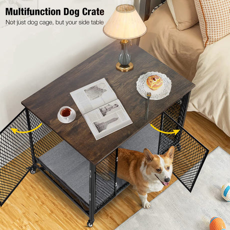 Aivituvin Dog Crate Furniture Movable Side End Table Indoor Dog Kennel for Small Medium Large Dogs Double-Doors Wooden Dog House with Cushion, Tray, Wire Floor(38.6") Aivituvin