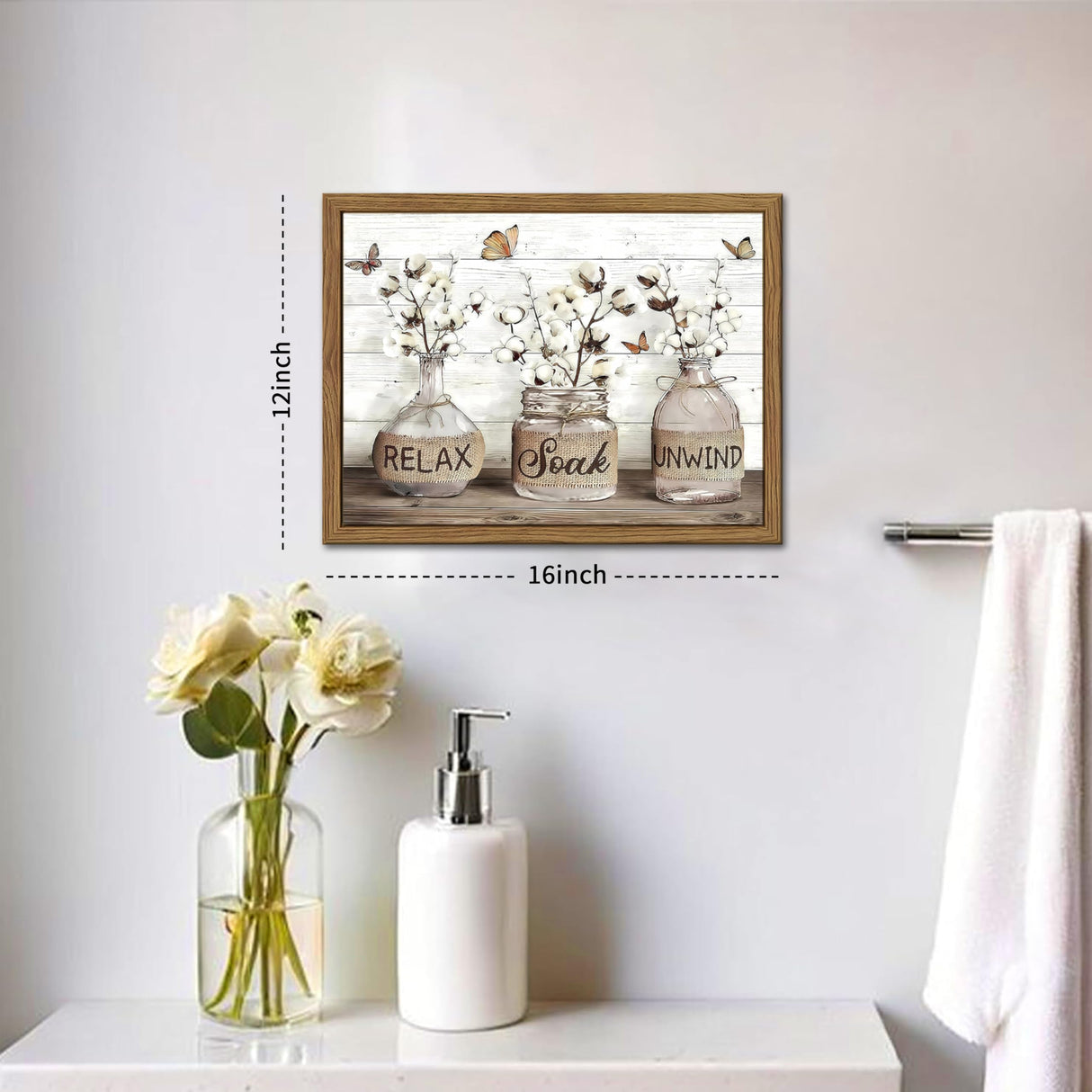 Farmhouse Bathroom Decor Wall Art, Framed Rustic Cotton Pictures Canvas Wall Decor Painting, Modern Country Relax Soak Unwind Sign Artwork Posters Prints for Bathroom 12x16In Dark Wood Frame fancynew