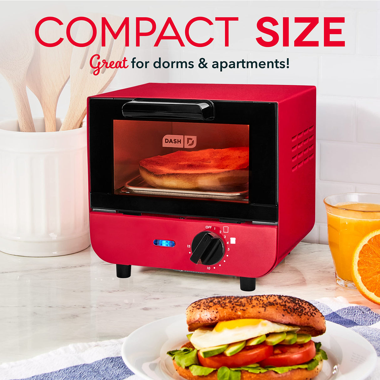 DASH Mini Toaster Oven Cooker for Bread, Bagels, Cookies, Pizza, Paninis & More with Baking Tray, Rack, Auto Shut Off Feature - Red DASH
