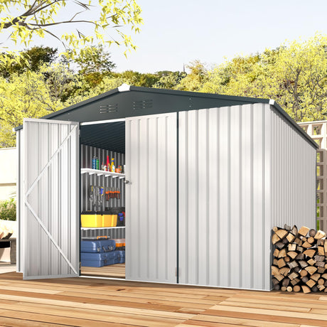 ACOJOY 10'x10' Shed, Large Metal Storage Sheds & Outdoor Clearance, Steel Backyard Shed with Lockable Doors, Utility and Tool Storage for Garden, Patio, Outside Use in White AECOJOY