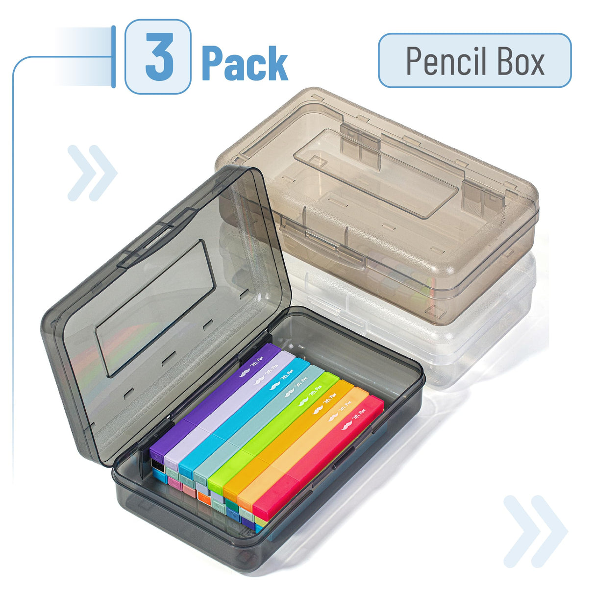 Mr. Pen- Clear Pencil Boxes, 3 Pack, Grey Shades, Snap-Tight Lid, Plastic Pencil Box Organizer, 7.9"x4.5"x2.4" Mr. Pen