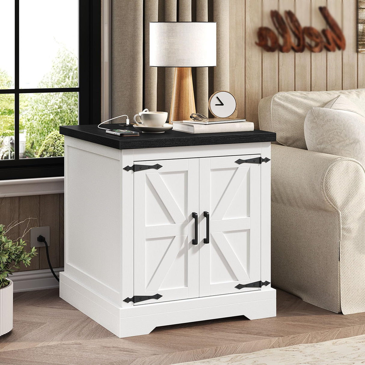 MAHANCRIS Farmhouse Nightstand with Charging Station, 24" Large End Table with Barn Door and Adjustable Storage Shelf, Square White Nightstand, Rustic Bedside Table for Bedroom, Living Room MAHANCRIS