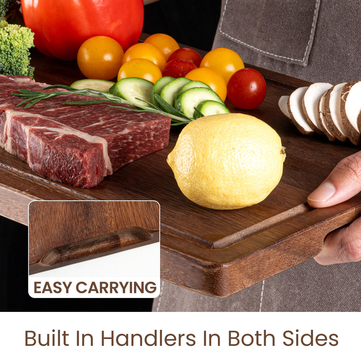 Fun Memories Black Walnut Cutting Board for Kitchen with Concealed Handles, Reversible Wood Butcher Block Cutting Board Carving Board with Juice Groove, Per 17 x 11 Inches (Gift Box) Fun Memories