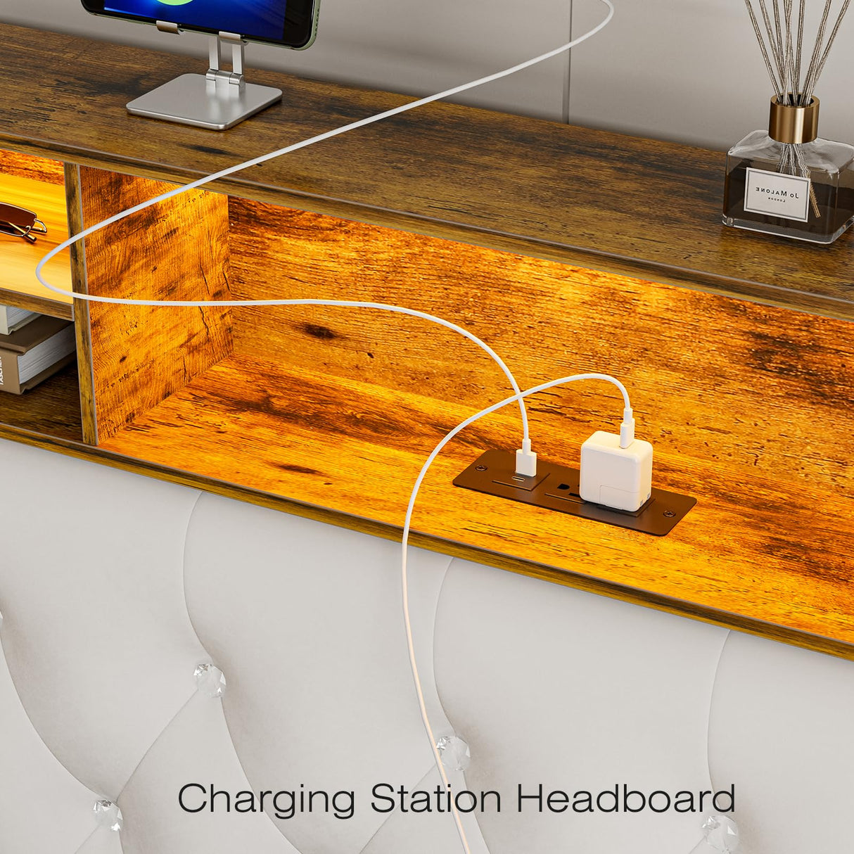 Floating Queen Size Bed Frame with Velvet Upholstery, Storage Headboard & LED Lights by CIKUNASI CIKUNASI