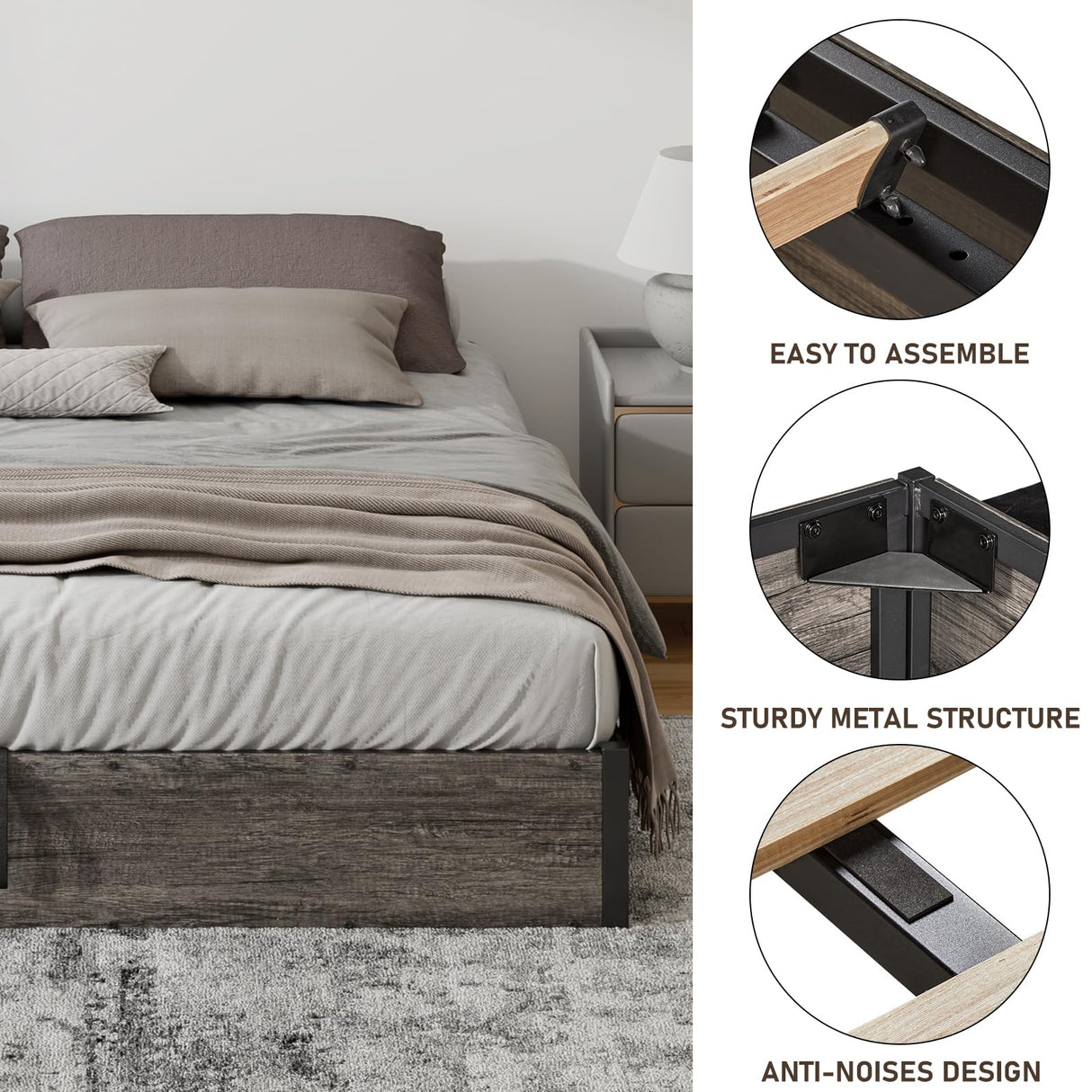 LUXOAK King Size Lift Up Storage Platform Bed Frame, Metal Bed Frame with Wooden Slats Support, No Box Spring Needed, Large Storage Space, Noise Free, Easy Assembly, Rustic Grey LUXOAK