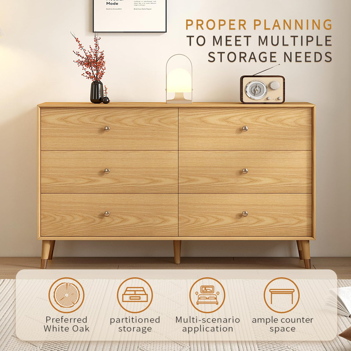 Messenya 6 drawer dresser for bedroom furniture.wood dressers & chests of drawers.Beveled Edge design, hand-polished.bedroom storage and dresser organizer for Living Room, Hallway (D-203) Messenya