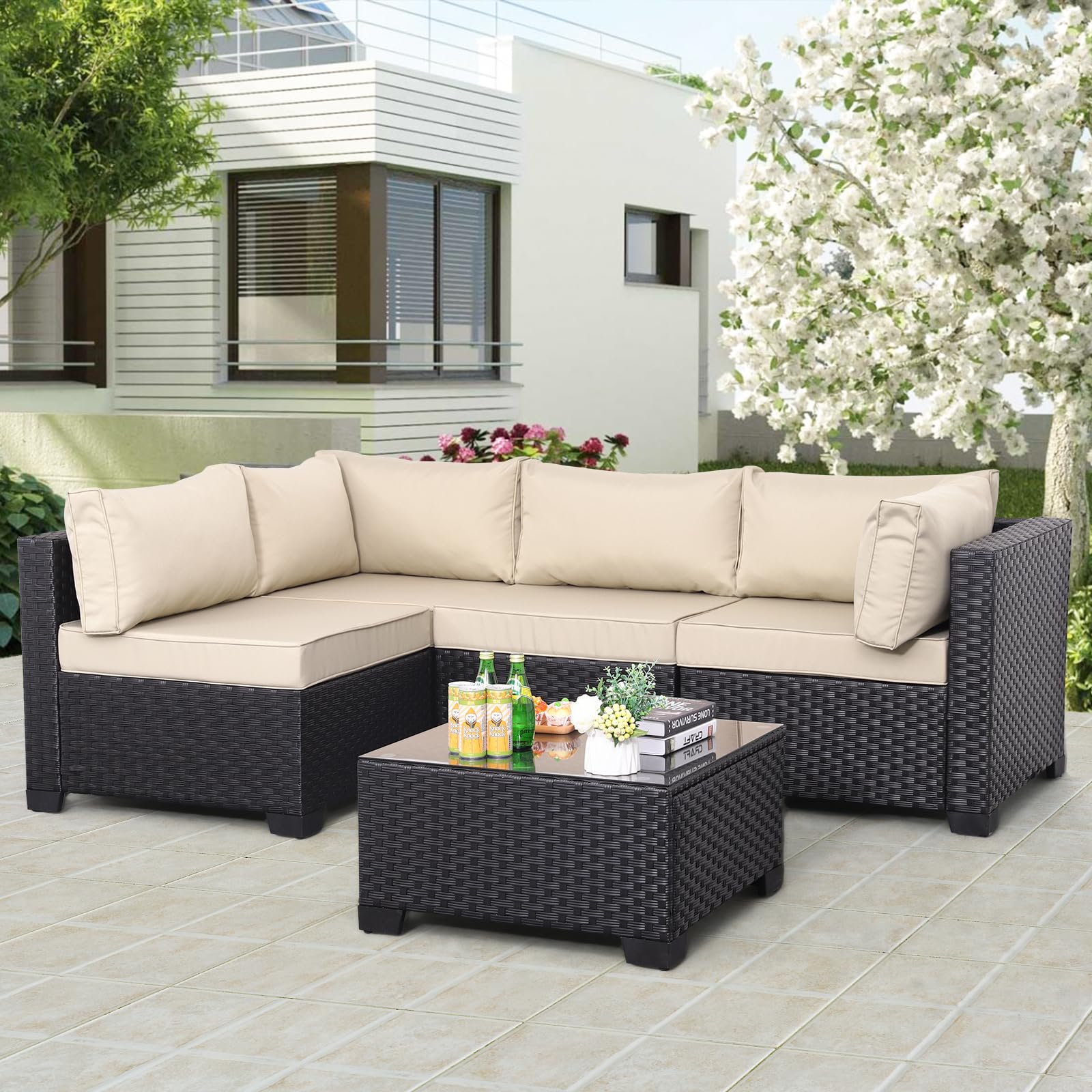 Outdoor Patio PE Wicker 5 Piece Furniture Set, Black Rattan Sectional Conversation Sofa Chair with Coffee Table,Khaki Cushion - WoodArtSupply