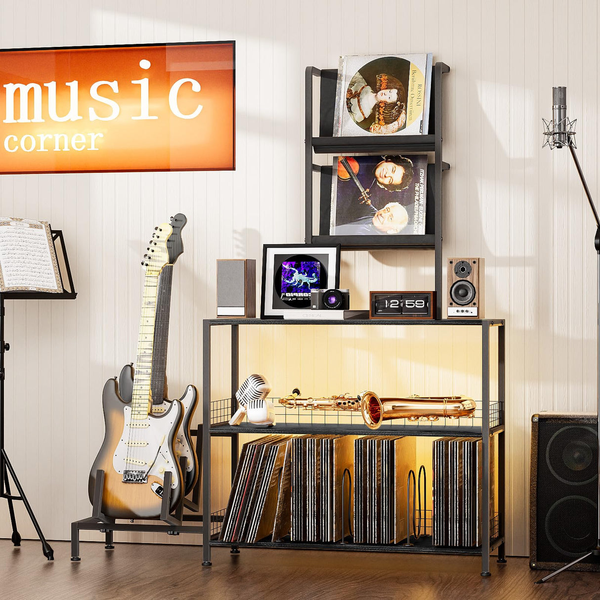 kepptory Vinyl Record Player Stand with Guitar Stand, Record Player Table with RGB LED Light, Record Player Cabinet with Vinyl Storage Holds up to 300+ Albums, Vinyl Player Stand for Home Use (Black) kepptory