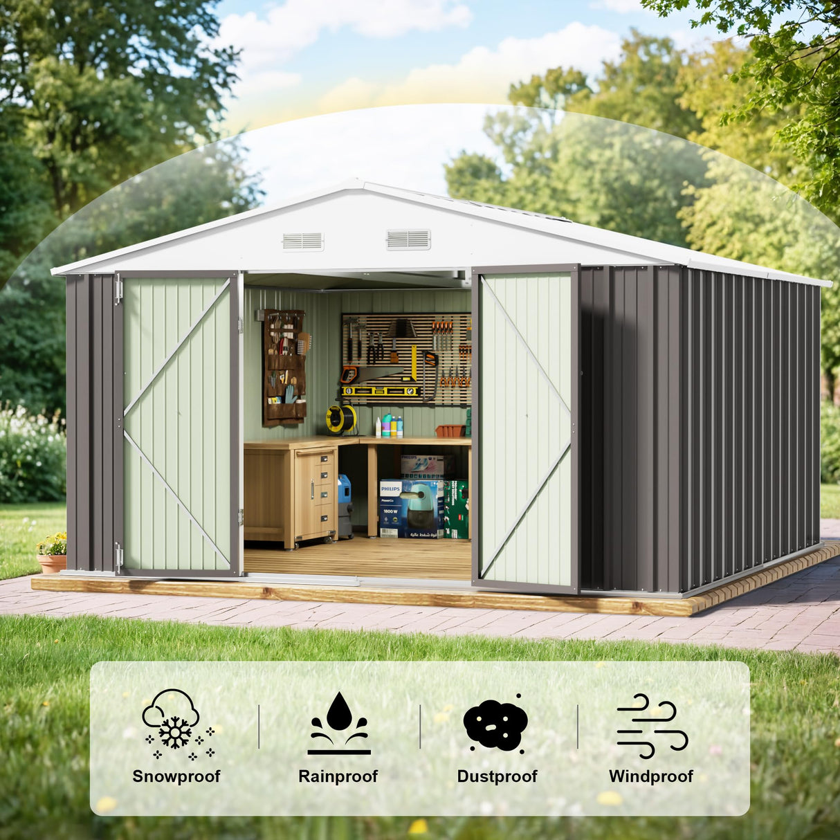 JUMMICO 10 x 10 FT Outdoor Storage Shed, Large Metal Garden Shed & Tool Sheds for Backyard Garden Patio Lawn (Grey) JUMMICO