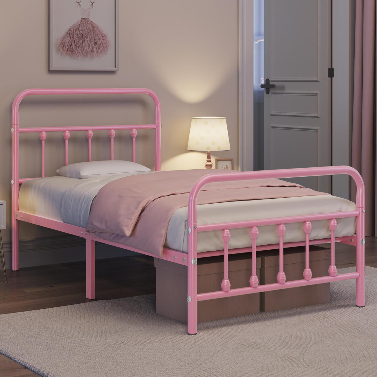 Yaheetech Classic Metal Platform Bed Frame Mattress Foundation with Victorian Style Iron-Art Headboard/Footboard/Under Bed Storage/No Box Spring Needed/Twin Size Pink Yaheetech