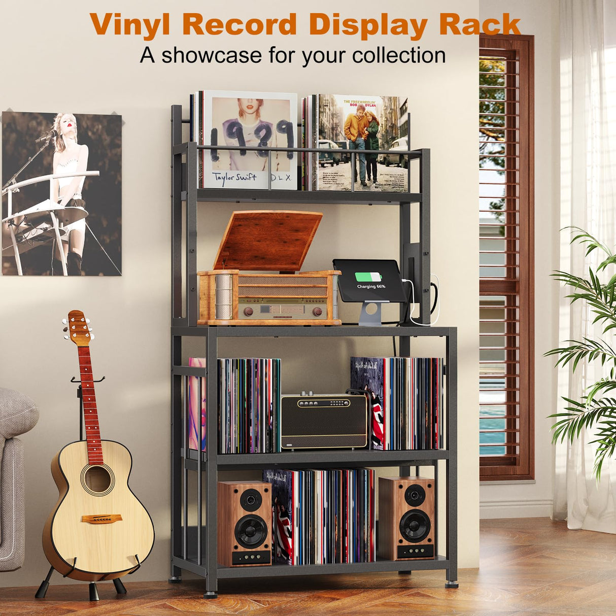 EasyCom Record Player Stand with Vinyl Storage, Turntable Stand Holds Up to 300 Albums, Large Record Player Table with Charge Station, Vinyl Record Stand for Living Room Bedroom, Black EasyCom