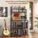 EasyCom Record Player Stand with Vinyl Storage, Turntable Stand Holds Up to 300 Albums, Large Record Player Table with Charge Station, Vinyl Record Stand for Living Room Bedroom, Black EasyCom