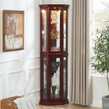 Goujxcy Lighted Corner Display Curio Cabinet Wooden Curved Shelving Unit with Adjustable Shelves and Mirrored Back Panel, Tempered Glass Doors for Bedroom, Living Room(Cherry, Corner Shape) Goujxcy