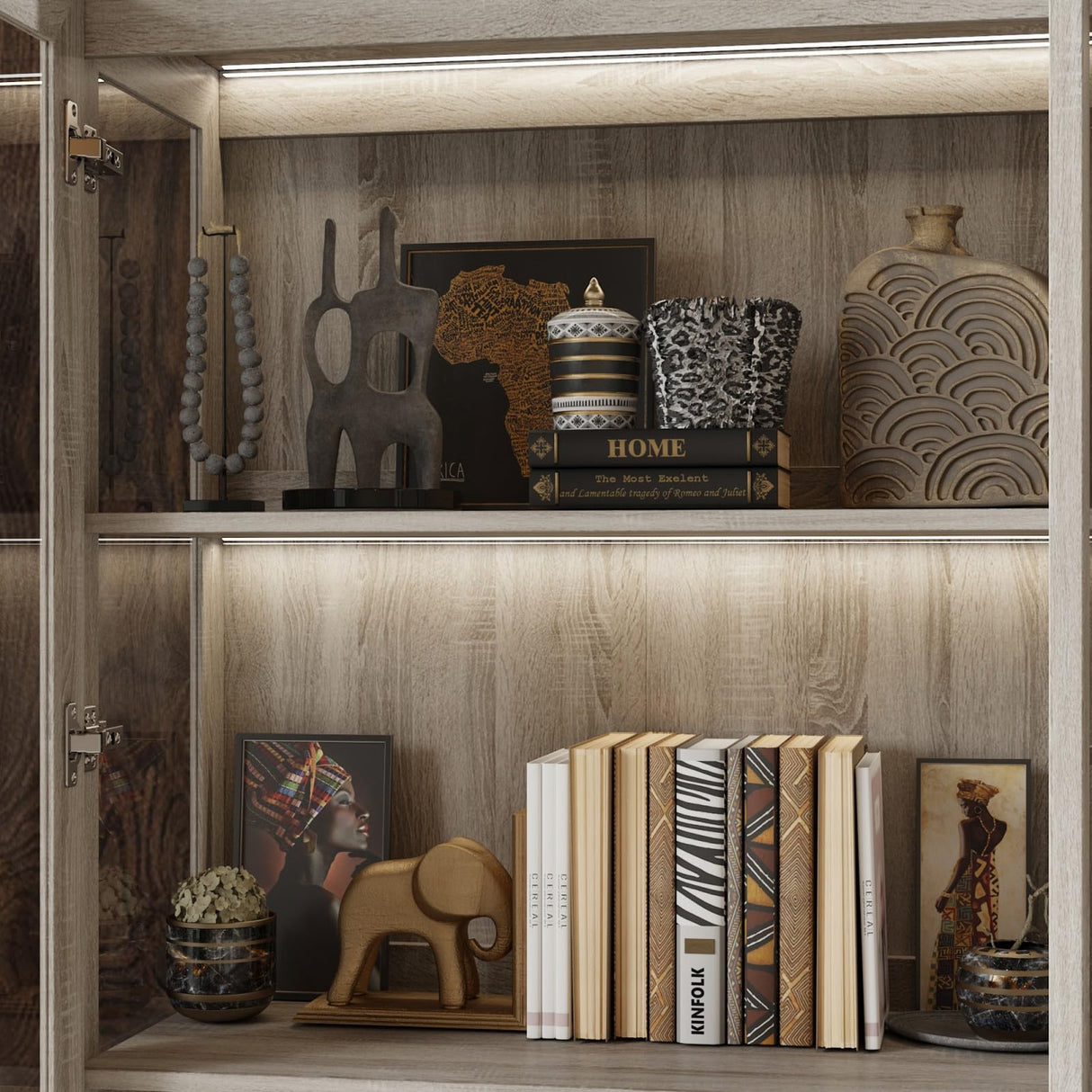 TAMUNE Display Cabinet with Lights, Bookcase Display Case Cabinet with 4 Glass Doors and 4-Tier Shelves, for Collectible, Grey Wood Grain 18.7" D x 68.5" W x 69.1" H TAMUNE