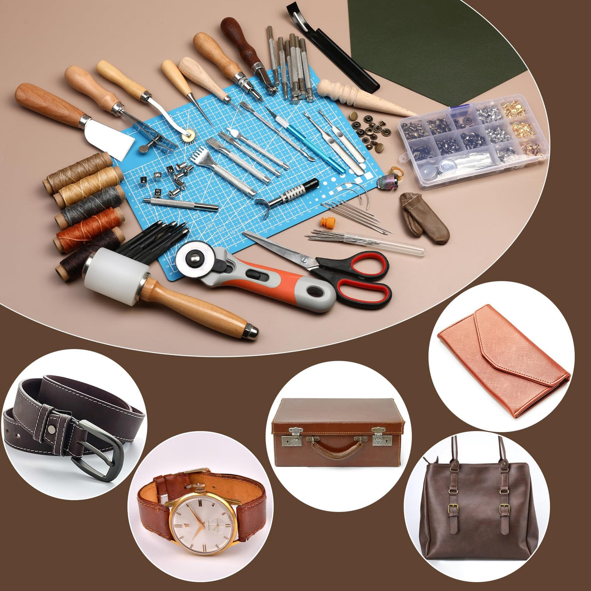 SOCNITC Leather Craft Tools, Leather Working Kit with Snaps and Rivets Kit Stamping Tools Stitching Groover Waxed Thread Punch Hole for Leathercraft Adults, Beginners SOCNITC