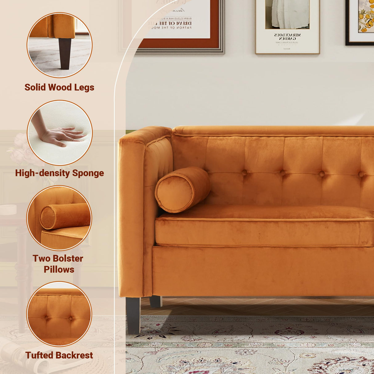 Dreamsir 78'' W Velvet Sofa, Mid-Century Love Seats Sofa Furniture with Bolster Pillows, Button Tufted Couch for Living Room, Tool-Free Assembly (Ginger) Dreamsir
