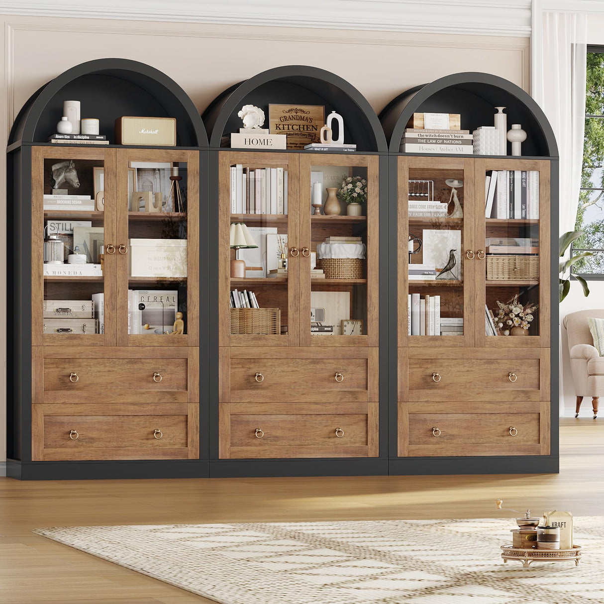 FINETONES 70" Tall Arched Cabinet, 6-Tier Arch Bookcase with Drawers, Farmhouse Bookshelf with Doors and Shelves, Large Display Book Shelf Storage Cabinet for Living Room, Office, Black/Brown FINETONES