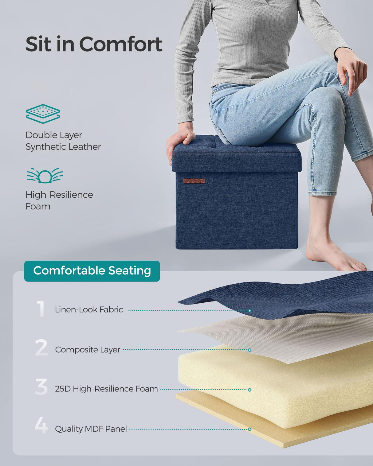 SONGMICS Mazie Collection - Small Folding Storage Ottoman, Foot Rest Stool, 12.2 x 16.1 x 12.2 Inches, 286 lb Load Capacity, for Living Room, Bedroom, Home Office, Dorm, Midnight Blue ULSF102Q02 SONGMICS