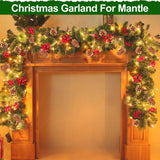 Auto Timer & 8 Modes 9Ft by 10 Inch 50 LED Prelit Christmas Garland Decorations Warm Lights Thick 270 Lifelike Snowy Tips 70 Red Berries 10 Pinecones Xmas Garland Fireplace Door Stairs Home Outdoor Camlinbo