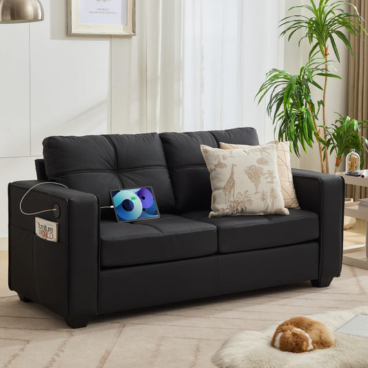 TYBOATLE 65" Black Faux Leather Sofa Couches for Living Room, Mid-Century Modern Tufted Comfy Small Loveseat w/USB Charging Ports and Wide Arms, 2 Seater Office Small Couch for Small Space Bedroom