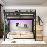 TCMILA Twin XL Size Loft Bed with Convertible Storage Stairs, LED, USB-Port, Heavy Duty Metal Frame with Open Wardrobe, Kids, Adults, Boys, Bedroom, No Box Spring Needed, Black Natural TCMILA