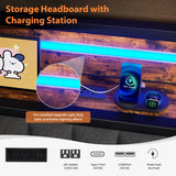 Daybed with Trundle and LED Light, Heavy Duty Metal Twin Bed Frame with Upholstered Storage Headboard & Charging Station, Day Bed Pop Up Trundle Bed Twin for Living Room,Bedroom and Guest Room (Brown) Jocoevol