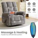 Oversized Swivel Rocker Recliner with Massage and Heat, 26" Extra Wide Manual Recliner for Adults & Big Man, Overstuffed Rocking Chair with High Back for Living Room, Grey Chenille RUTOX