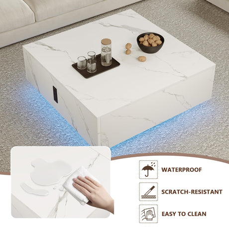 Square Lift Top Coffee Table, 31.5" Wooden Coffee Table with 2 Drawers & Hidden Storage, LED Lights & Charging Station, Mid Century Modern Center Table for Living Room Home Office (White) YKVIQBY