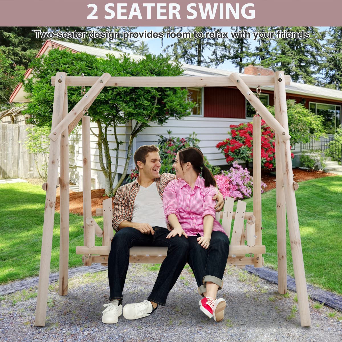 Outdoor Wooden Porch Swing 67 Inch Log Swing with Stand, A-Frame Yard Swing Set Patio Furniture Modern 2 Person Swing Sturdy Garden Bench Swing Rustic Curved Back Swing Chair for Adults - WoodArtSupply