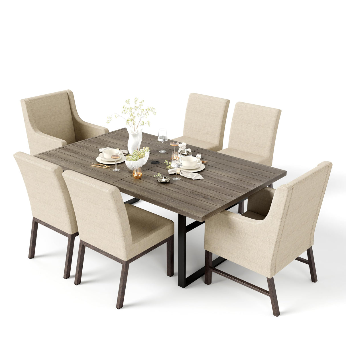 HERA'S HOUSE 7-Piece Indoor/Outdoor Dining Set for 6-64" Rust-Resistant Metal Table & 4.7" Cushioned Chairs, All-Weather Patio and Dining Room Furniture for Deck Kitchen Garden Backyard HERA'S HOUSE