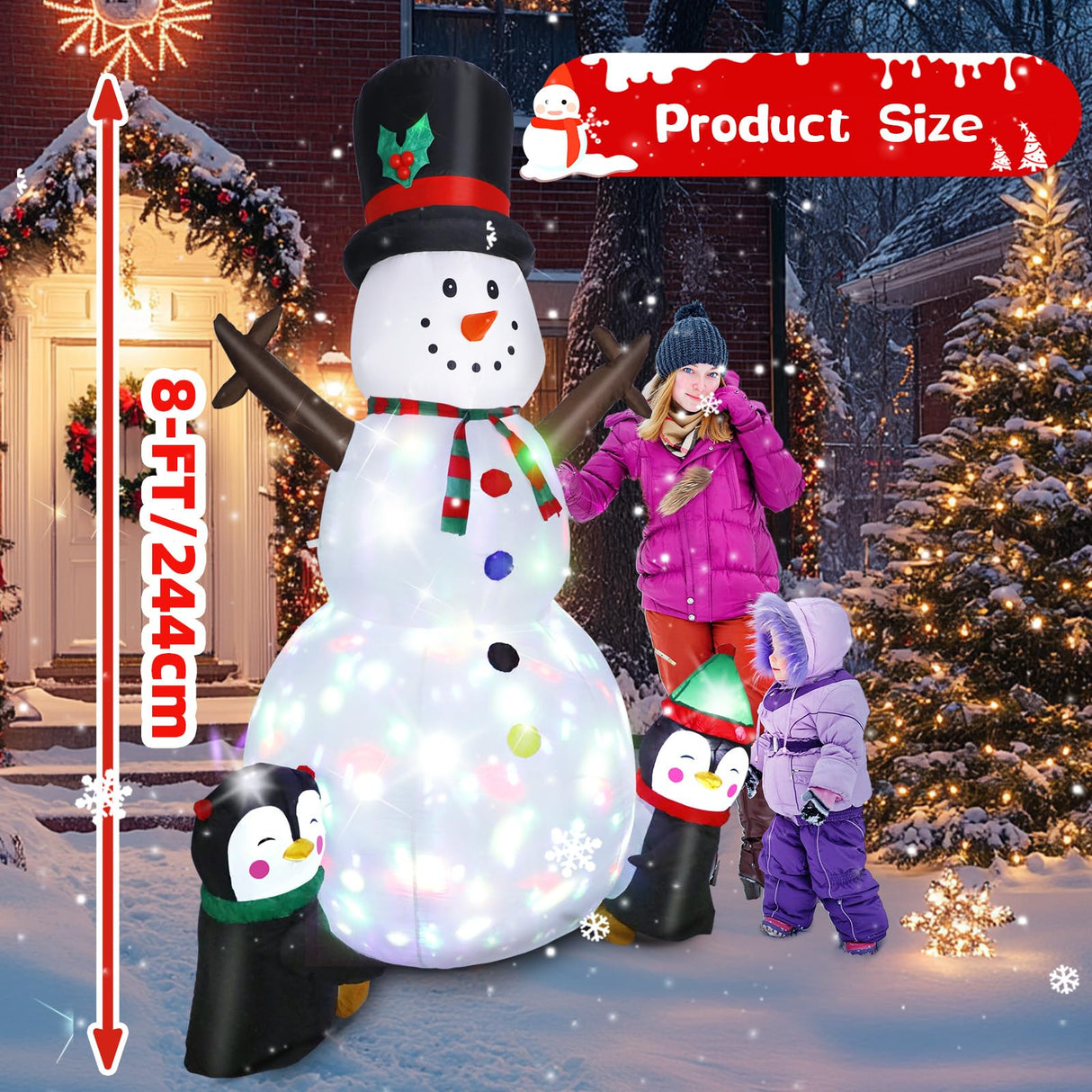 Dawdix 8FT Christmas Decs Inflatable Snowman, Christmas Blow Up Yard Decs Snowman with Penguins, Built-in Colorful Rotating LED Lights, for Holiday Xmas Party Garden, for Him, Her Dawdix