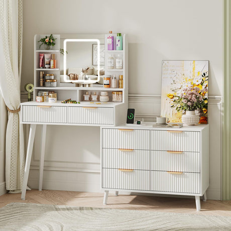 Maupvit Vanity Desk with Mirror and Lights, Makeup Vanity with 8 Drawers & Shelves, Corner Vanity, L Shape Change & Storage, Dressing Table for Bedroom (White) Maupvit