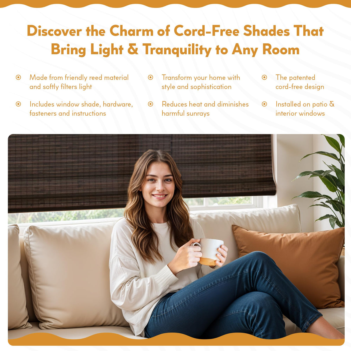 Radiance Cordless Bamboo Roman Shades for Windows - Flatweave Bamboo Blinds for Reduce Bright Light - Easy to Lift & Fold Up Window Shades - Espresso - 27 in. W x 48 in. L - (02208825E) Radiance