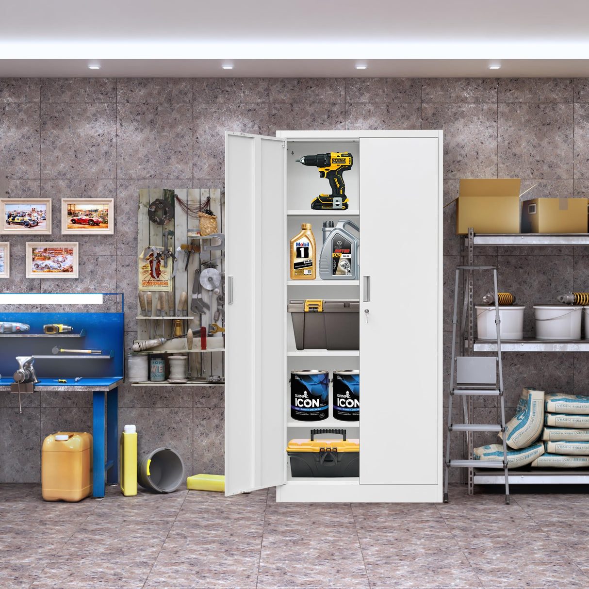 iDEKAI Metal Storage Cabinet with Lock, 71" Garage Storage Cabinets with 2 Lockable Doors and 4 Adjustable Shelves,Tall File Cabinet, Tool Cabinet for Office,Home,Garage,Gym,School (White) iDEKAI