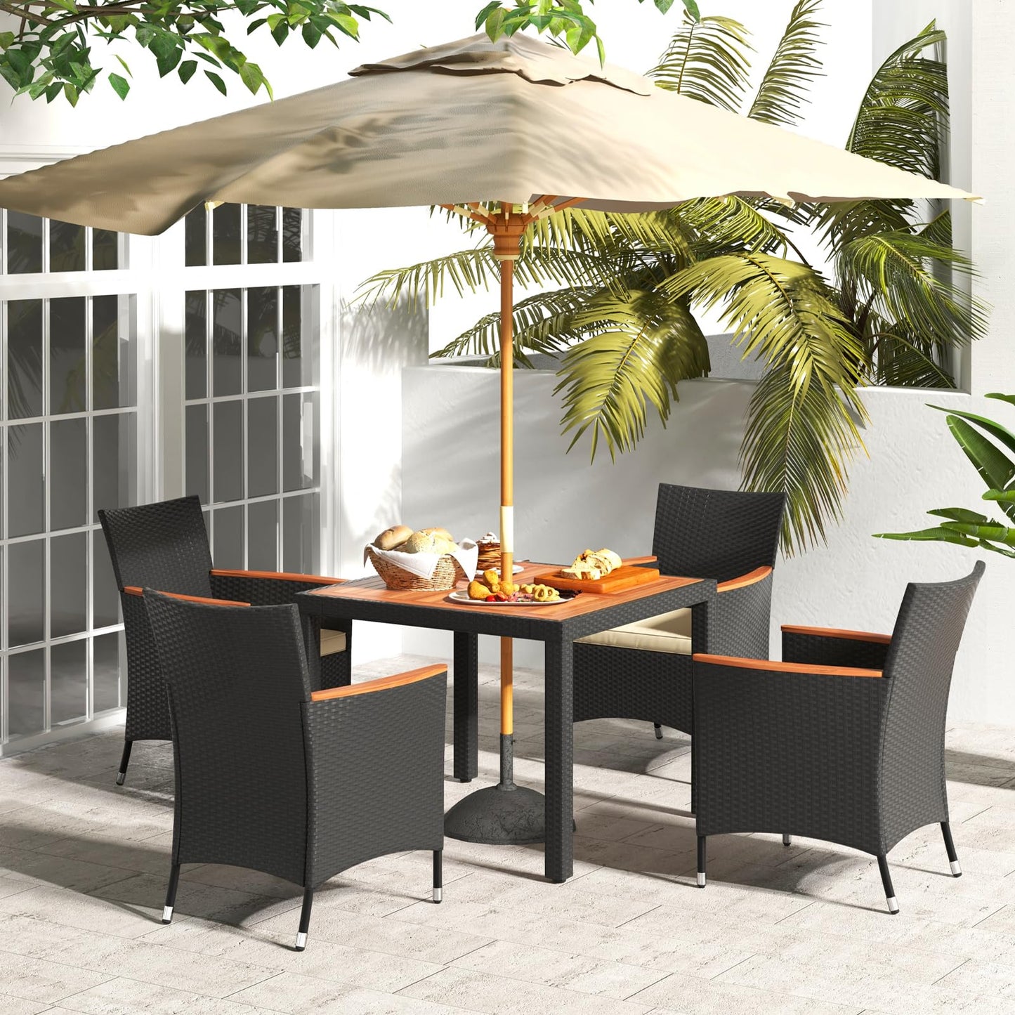 Tangkula 5 Pieces Patio Dining Table Set for 4, Rattan Conversation Set with Umbrella Hole, Seat Cushions & Acacia Wood Tabletop, Outdoor Dining Table with 4 Chairs for Backyard, Poolside & Deck