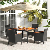 Tangkula 5 Pieces Patio Dining Table Set for 4, Rattan Conversation Set with Umbrella Hole, Seat Cushions & Acacia Wood Tabletop, Outdoor Dining Table with 4 Chairs for Backyard, Poolside & Deck Tangkula
