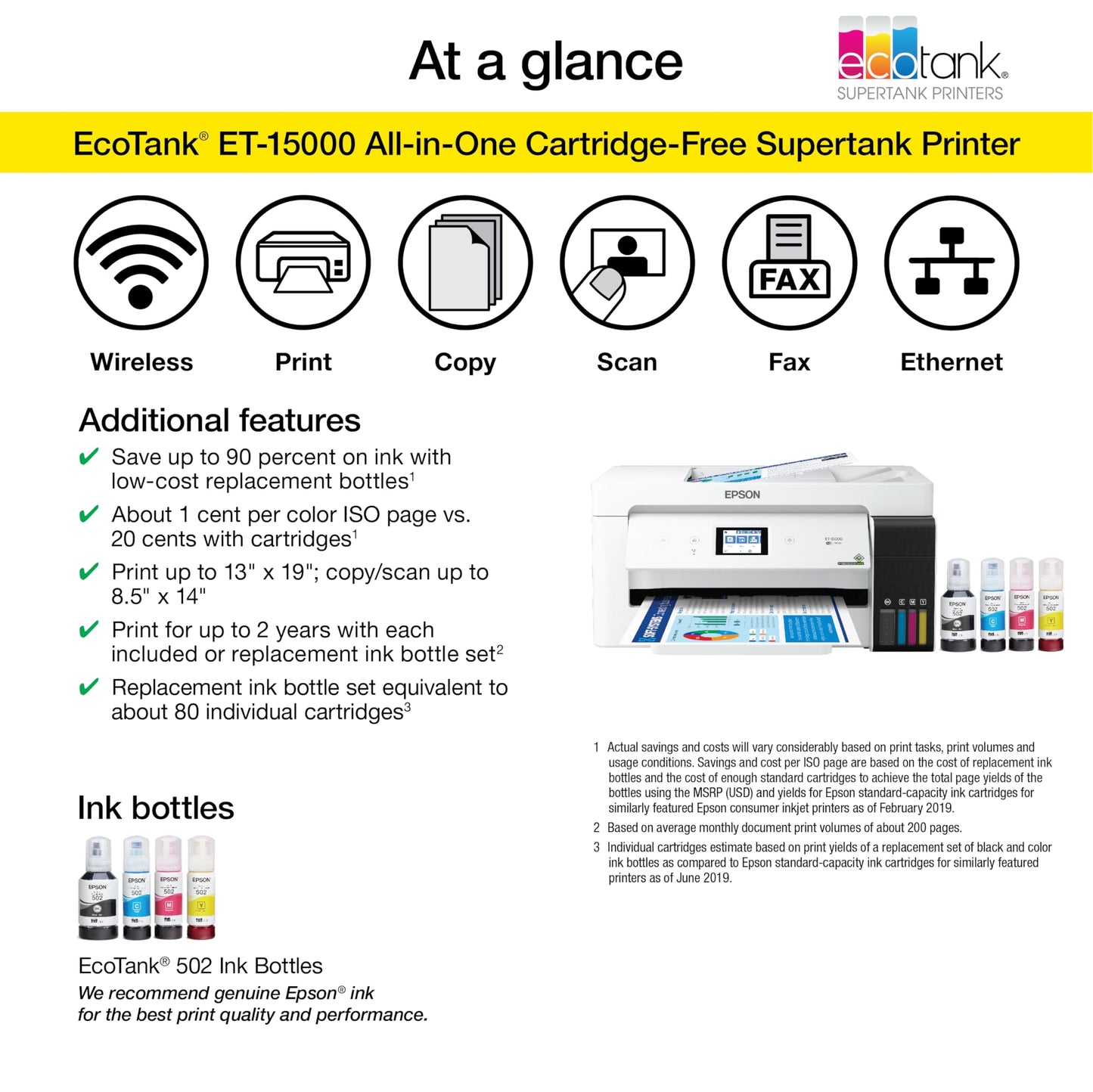 Epson EcoTank ET-15000 Wireless Color All-in-One Supertank Printer with Scanner, Copier, Fax, Ethernet and Printing up to 13 x 19 Inches, White