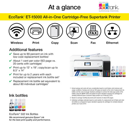 Epson EcoTank ET-15000 Wireless Color All-in-One Supertank Printer with Scanner, Copier, Fax, Ethernet and Printing up to 13 x 19 Inches, White