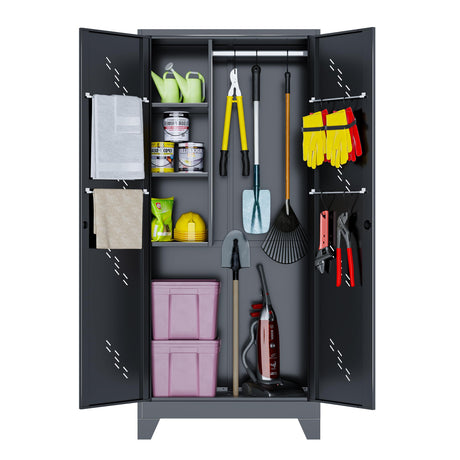 YILFANA Metal Storage Cabinet with Lockable Doors, 75" Steel Storage Locker Tool Cabinet with Hanging Rod & S-Hooks, Tall Garage Cabinets, Black, 75" H x 33.85" W x 16.53" D YILFANA