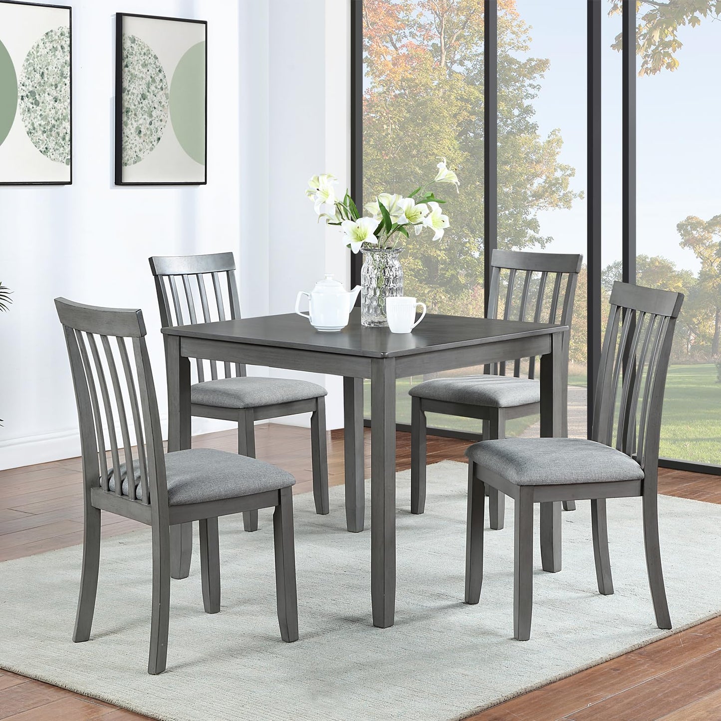 LUMISOL 5 Piece Dining Table Set, Farmhouse Style Kitchen Table Set with a Square Table and 4 Upholstered Chairs, Solid Wood Table and Chairs Set for Kitchen, Dining Room, Grey - WoodArtSupply