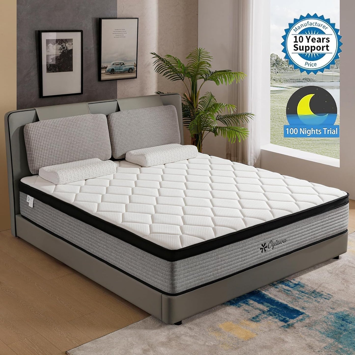 OGlAWA 14 Inch Full Mattress Memory Foam and Spring Hybrid Mattresses,Medium Firm Feel Grey Mattress in a Box,Quality Comfort and Adaptive Support Breathable Cooling Full Mattresses. (14 inch, Full)